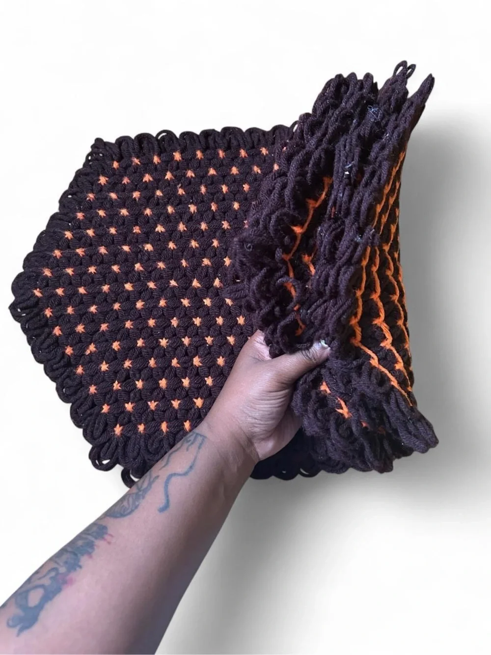 Vintage Handmade Crochet Hexagon Brown Orange Spooky Halloween Place Mats Set 4